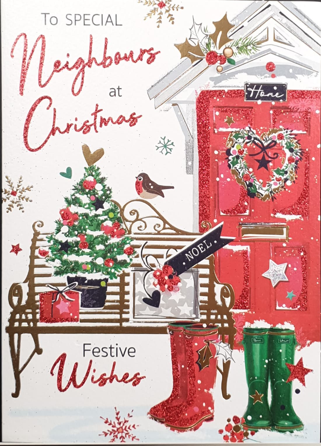 Special Neighbours Christmas Card - Green & Red Boots at Red Decorated Door