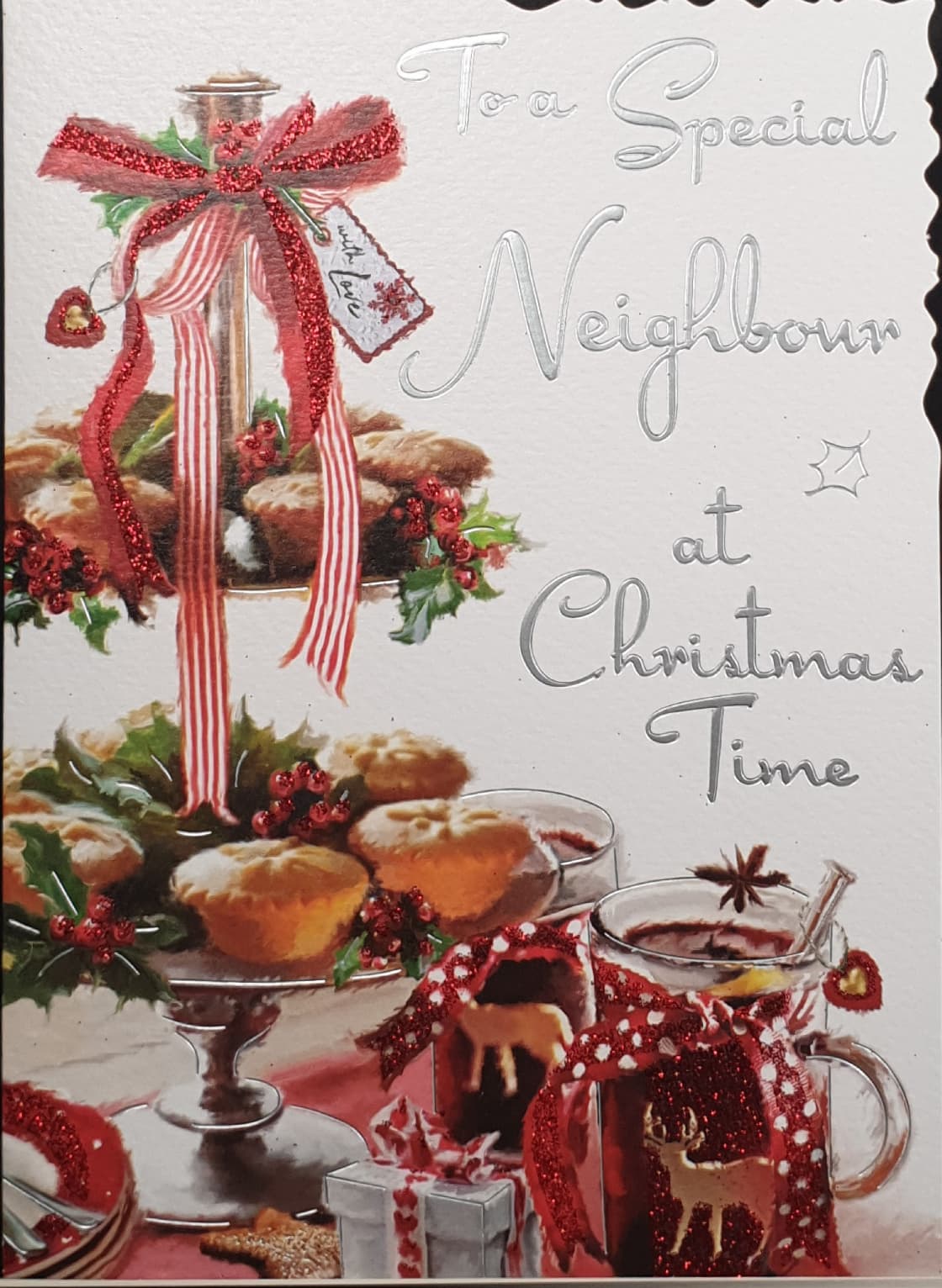 Special Neighbour Christmas Card - Mince Pies & Mulled Wine with Red Ribbons