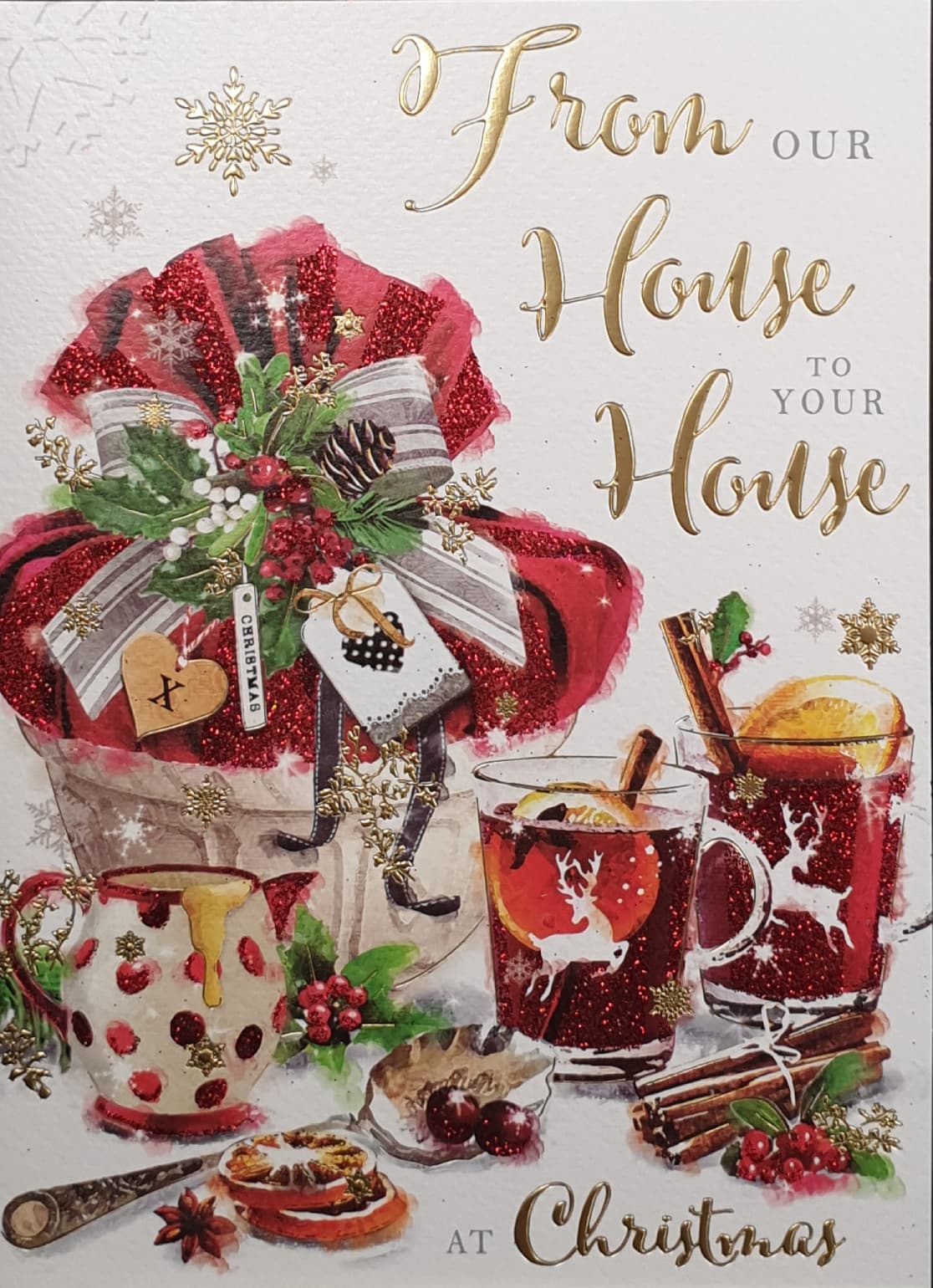 From Our House To Yours Christmas Card - Mulled Wine, Red Gift Bag & Decorations