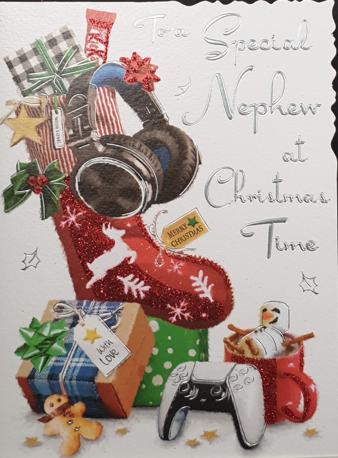 Nephew Christmas Card - Gaming Controller & Headset in Christmas Stocking