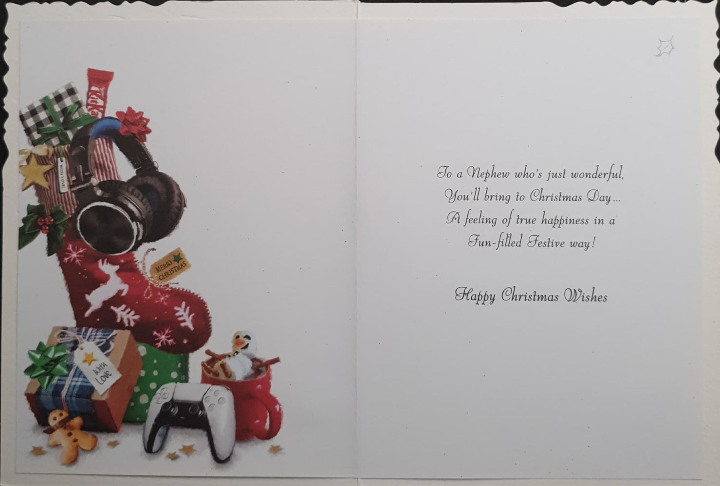Nephew Christmas Card - Gaming Controller & Headset in Christmas Stocking