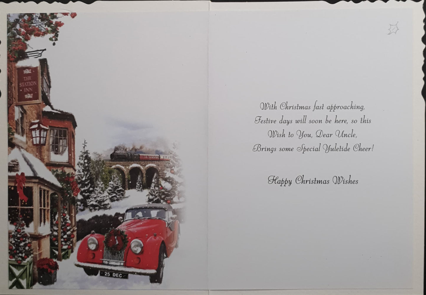 Uncle Christmas Card - Classic Red Car in Snow Beside Cosy Building