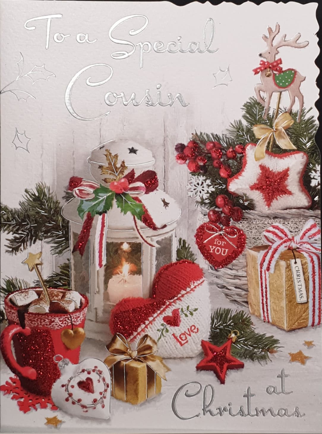 Cousin Christmas Card - Lantern with Gifts & Sparkly Decorations
