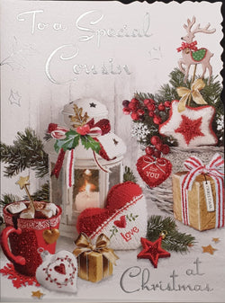Cousin Christmas Card - Lantern with Gifts & Sparkly Decorations