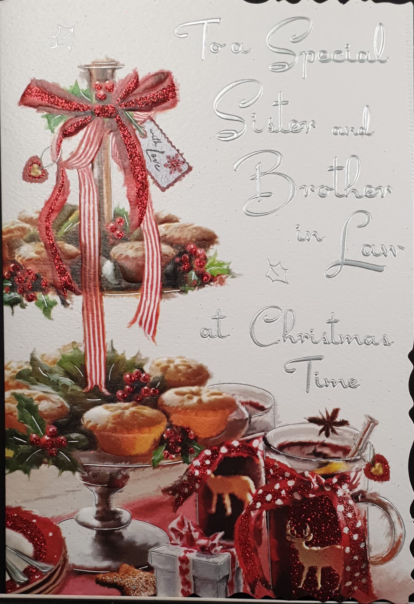 Sister & Brother in Law Christmas Card - Mulled Wine, Mince Pies & Red Ribbons