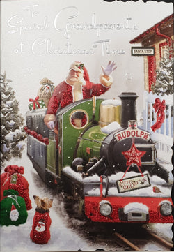 Grandparents Christmas Card - Santa on Green Christmas Train