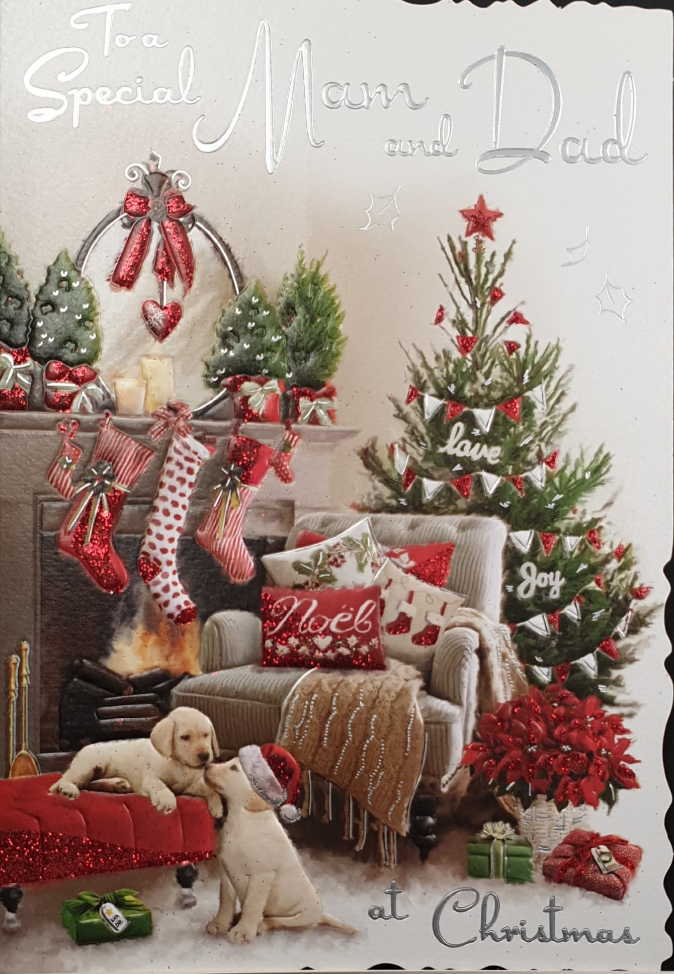 Mam and Dad Christmas Card - Cute Puppies in Decorated Living Room