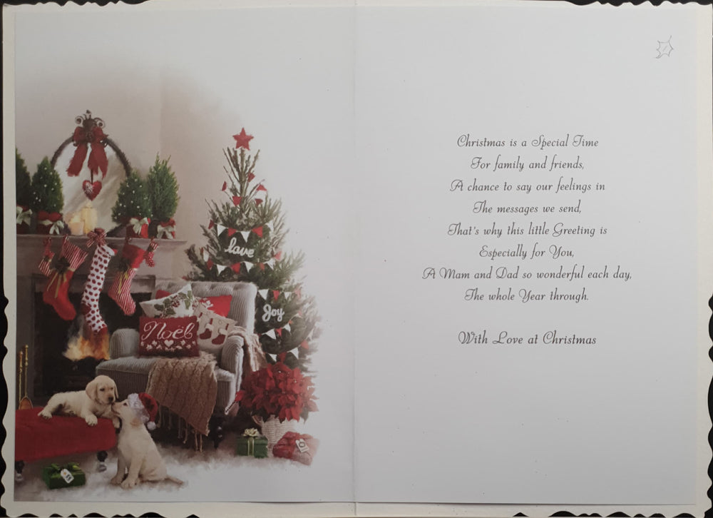 Mam and Dad Christmas Card - Cute Puppies in Decorated Living Room