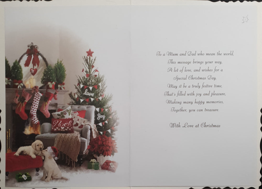 Mum and Dad Christmas Card - Puppies & Stockings by Fireplace