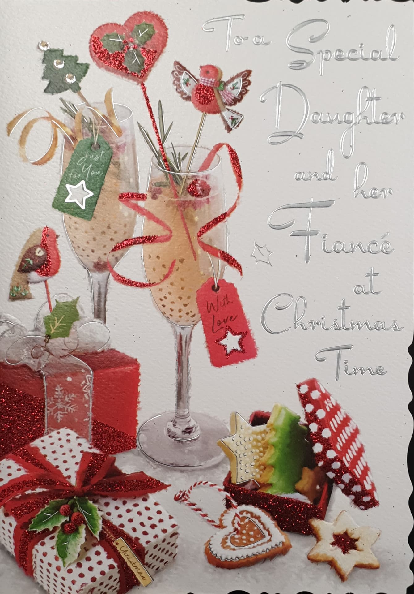 Daughter & Her Fiance Christmas Card - Glasses of Champagne & Red Decorations