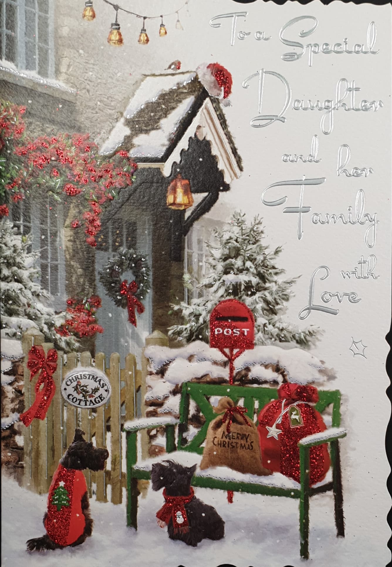 Daughter & Her Family Christmas Card - Puppies in Snow Beside Decorated Cottage