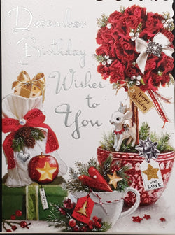 December Birthday Christmas Card - Red Roses, Teacup & Sparkly Decorations