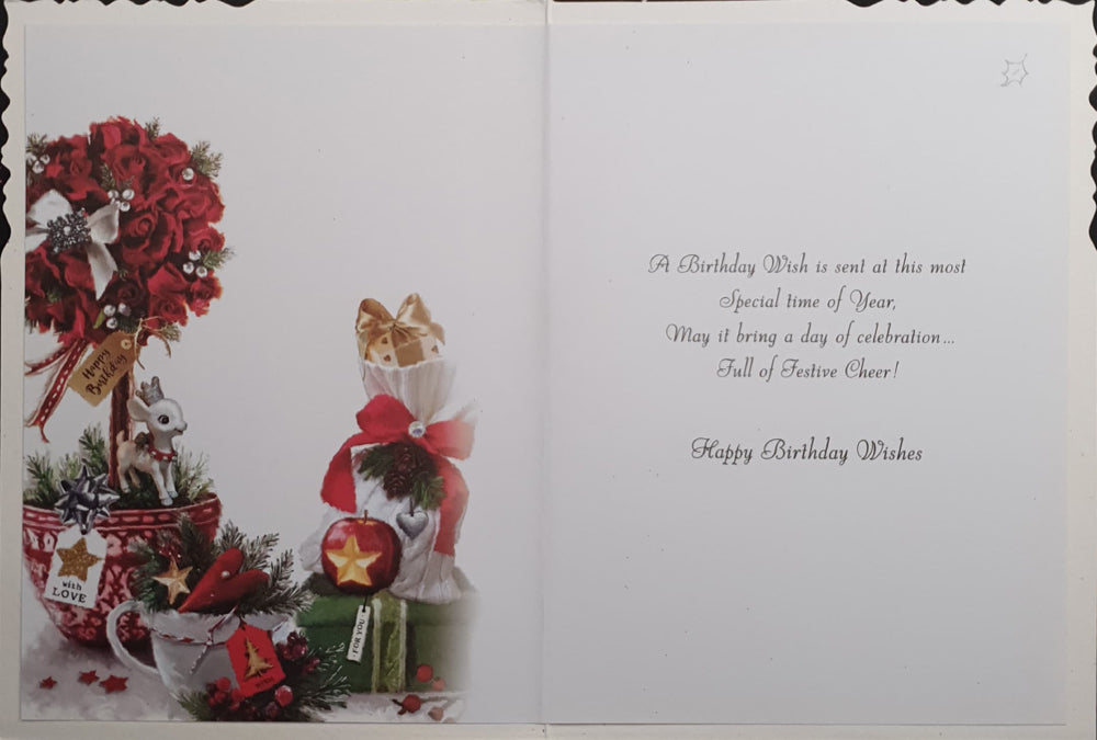 December Birthday Christmas Card - Red Roses, Teacup & Sparkly Decorations