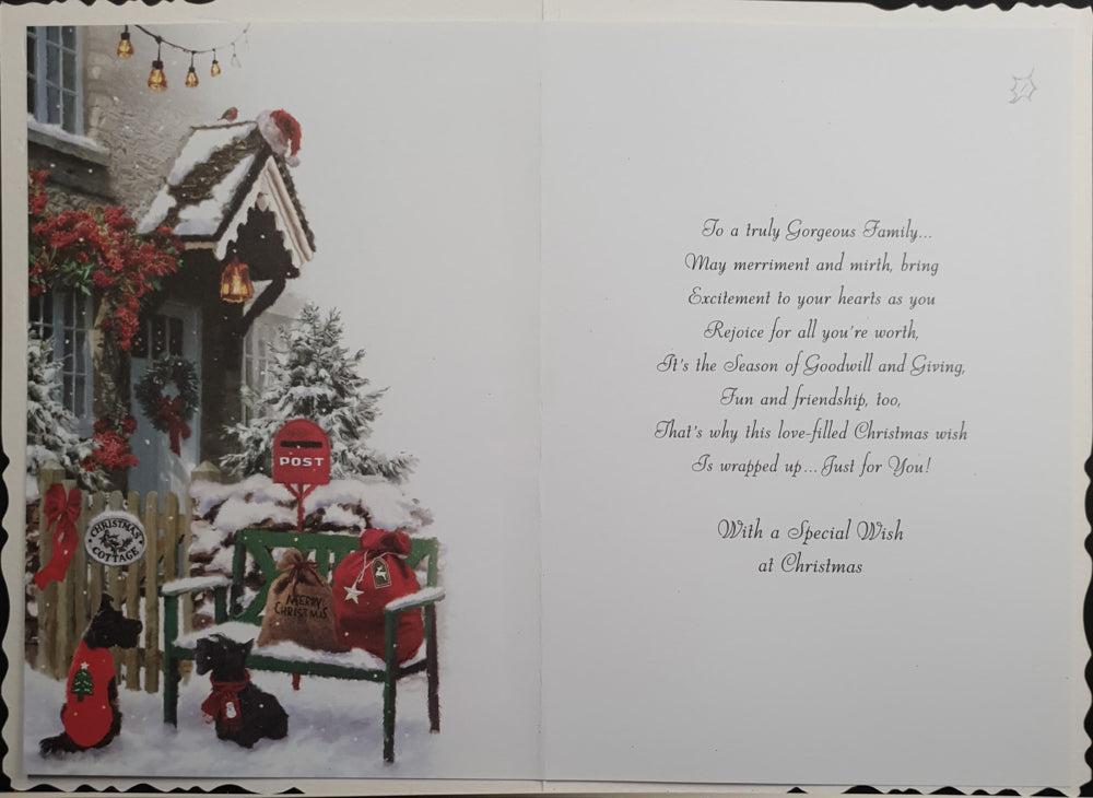 Daughter & Her Family Christmas Card - Puppies in Snow Beside Decorated Cottage