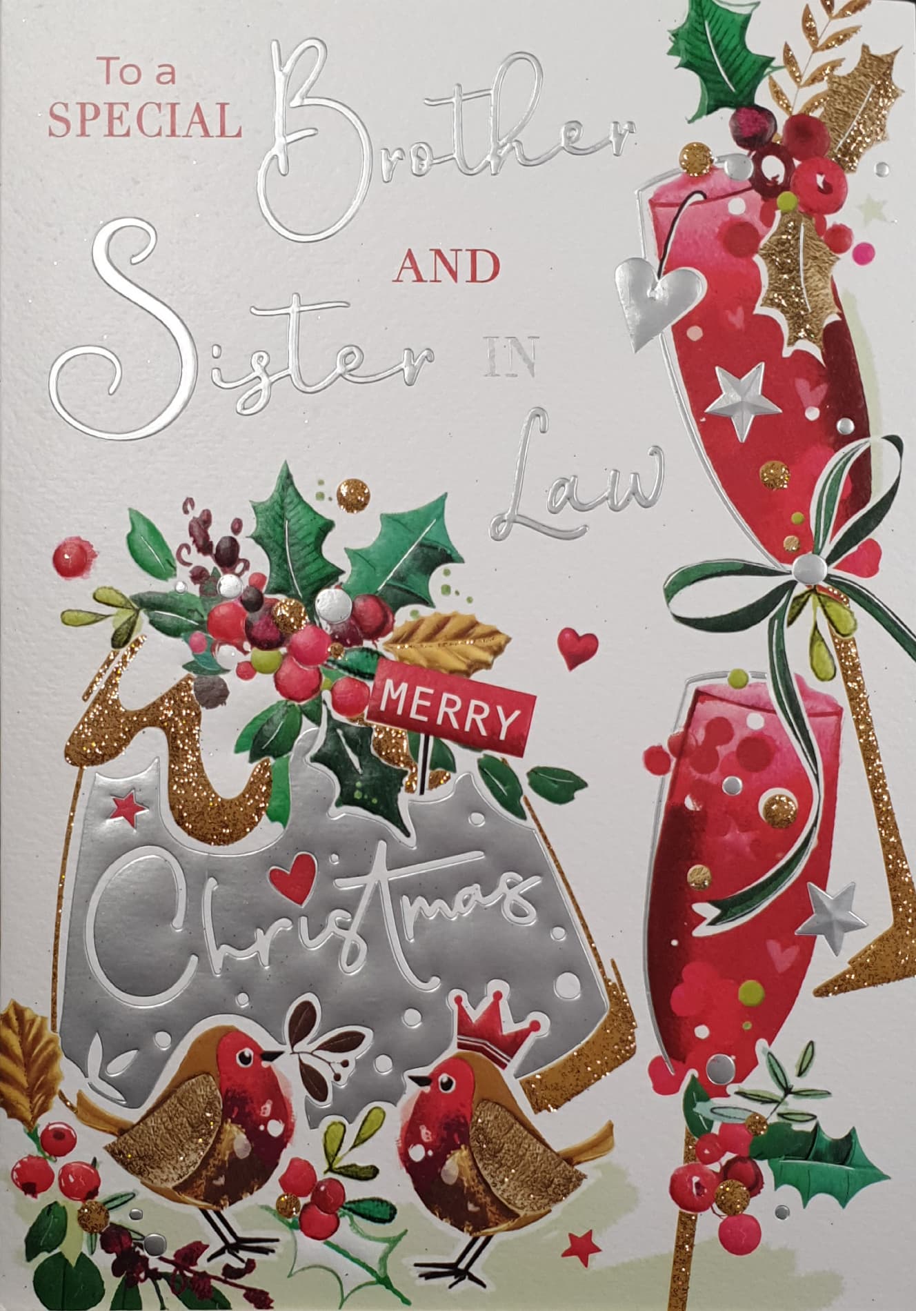 Brother & Sister in Law Christmas Card - Silver & Gold Christmas Pudding & Champagne
