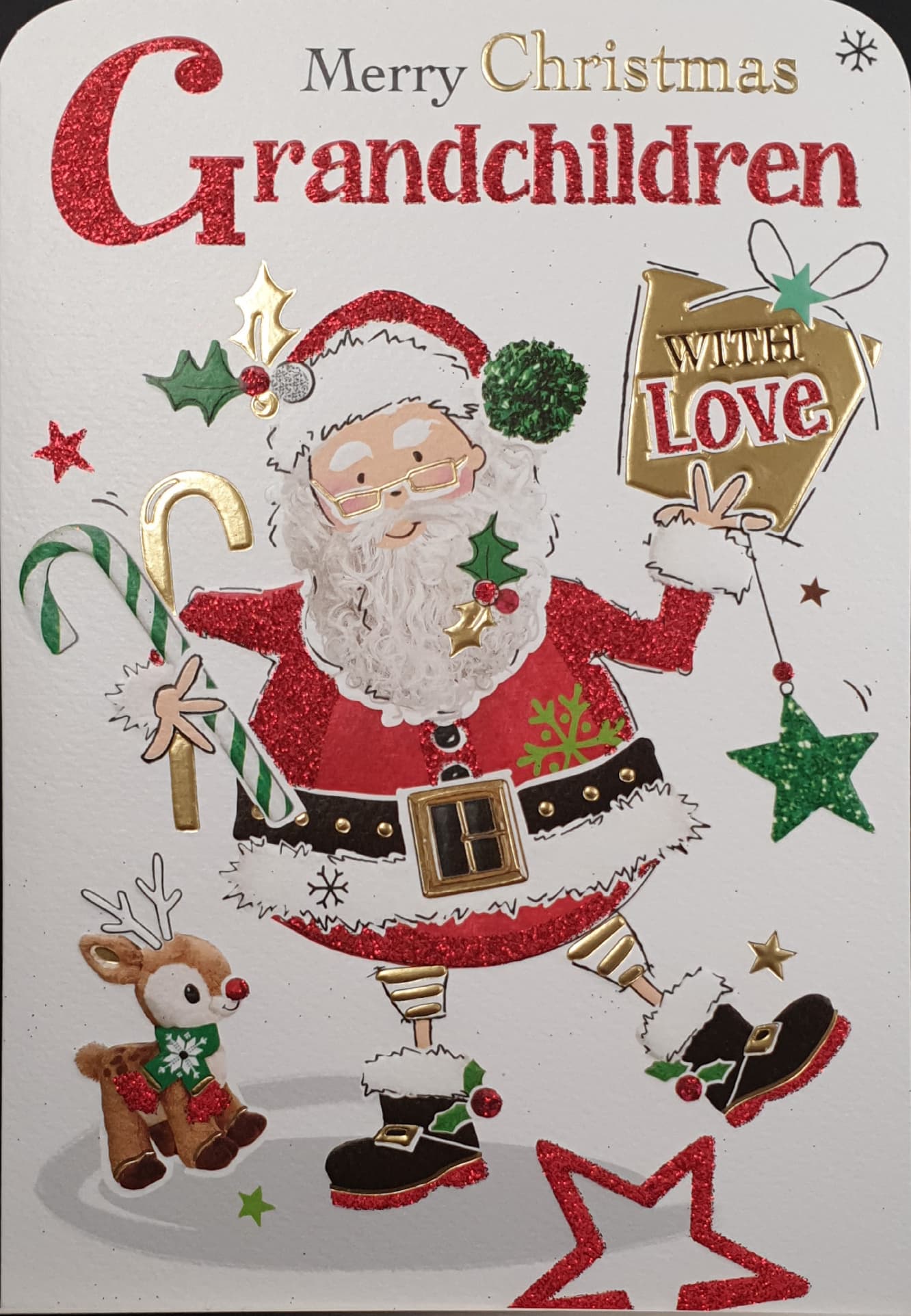 Grandchildren Christmas Card - Happy Santa Carrying Gift & Candy Canes