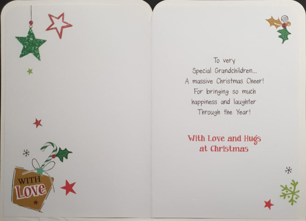 Grandchildren Christmas Card - Happy Santa Carrying Gift & Candy Canes