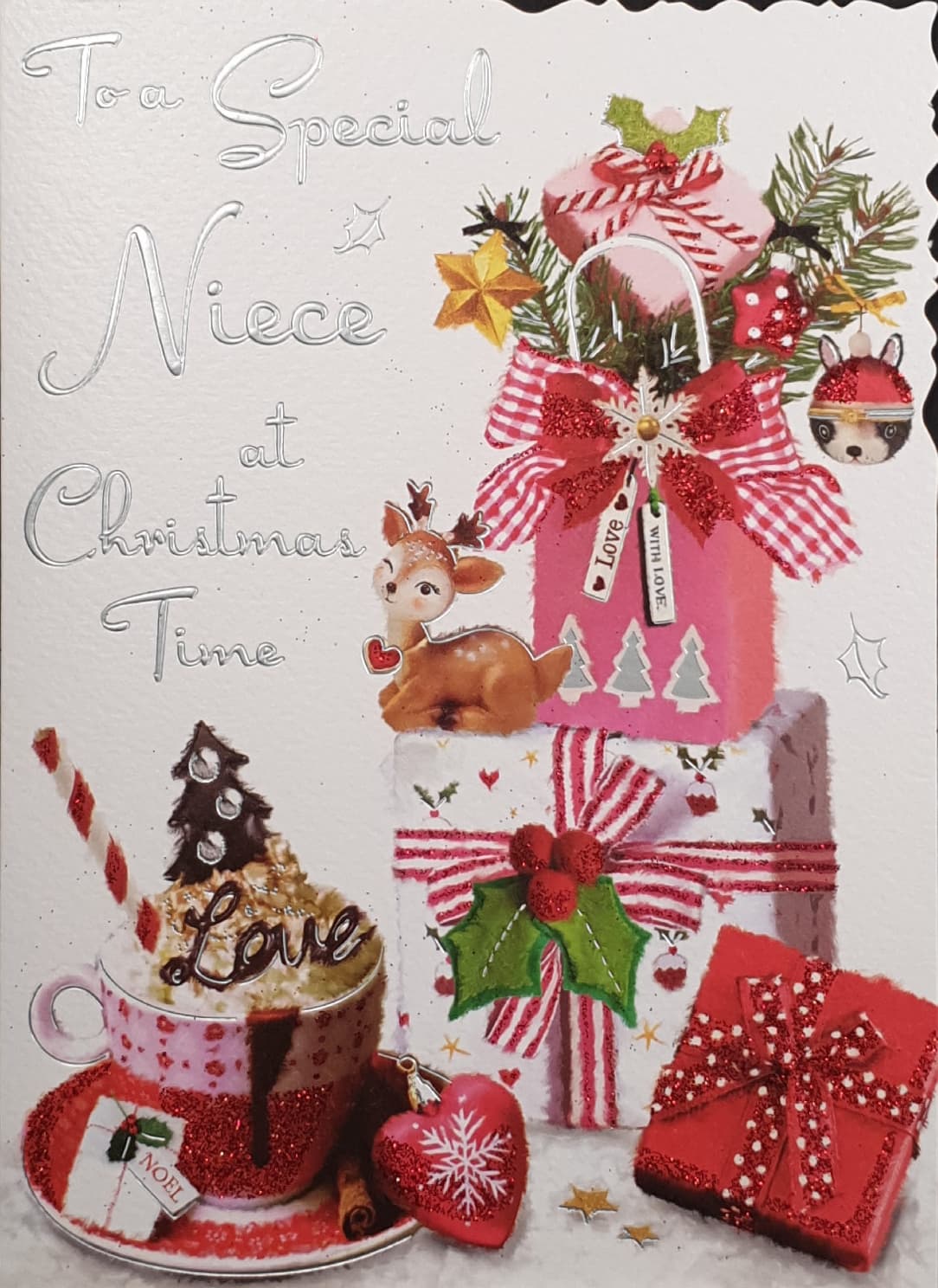 Niece Christmas Card - Hot Chocolate & Decorated Gift Boxes