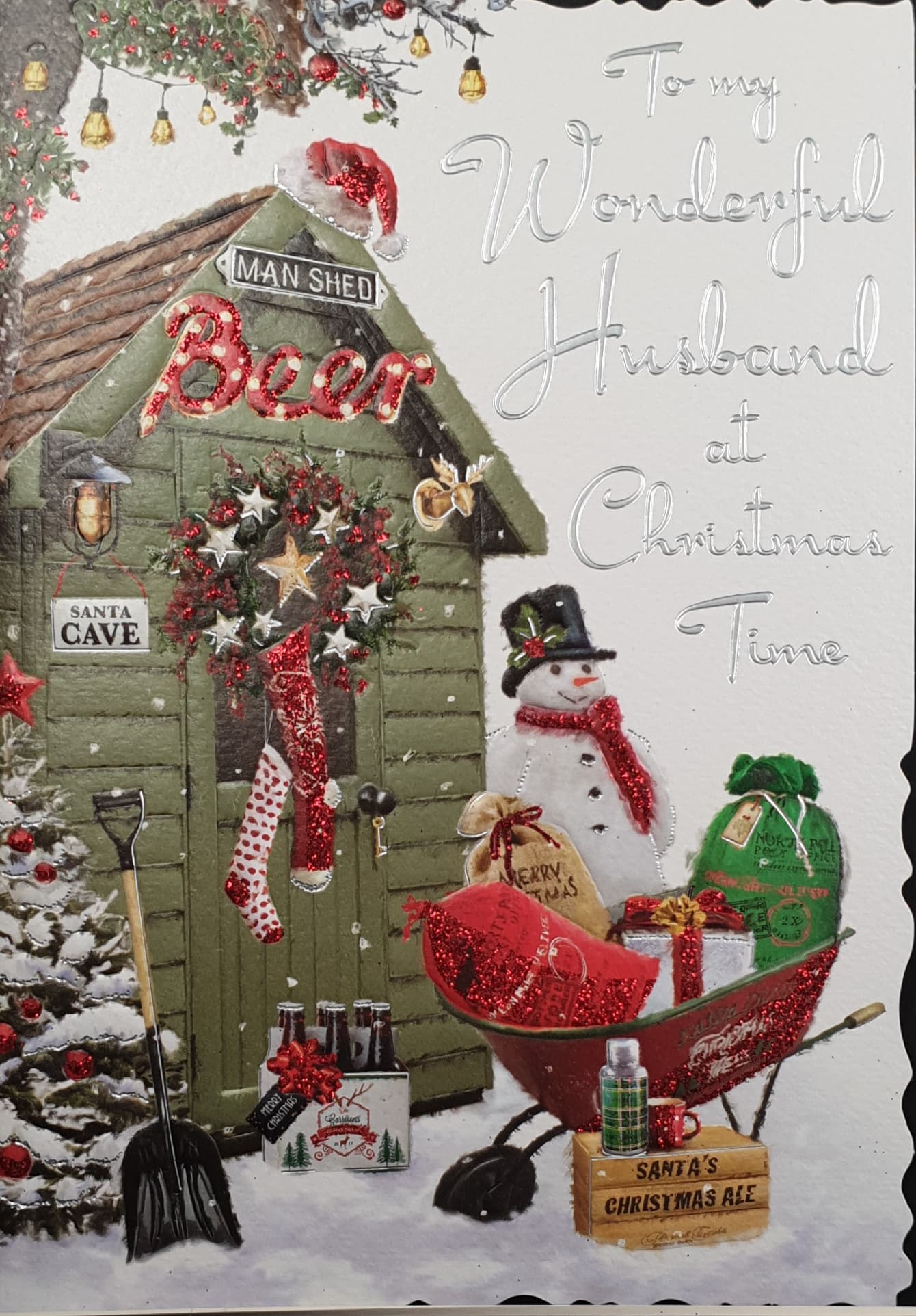 Husband Christmas Card - Christmas Wheelbarrow Beside Beer Shed