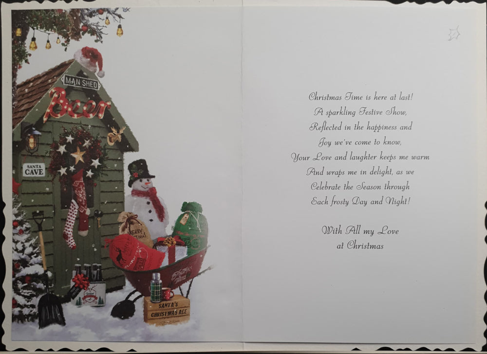 Husband Christmas Card - Christmas Wheelbarrow Beside Beer Shed