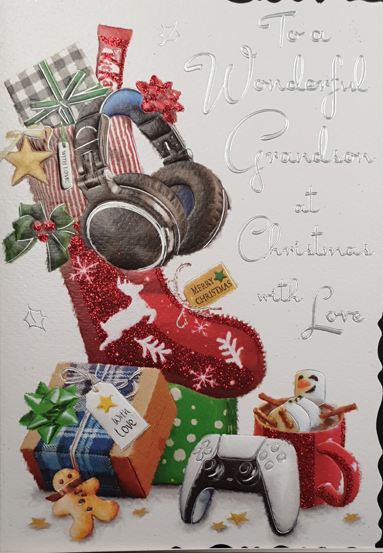 Grandson Christmas Card - Headphones, Controller & Hot Chocolate with Red Stocking