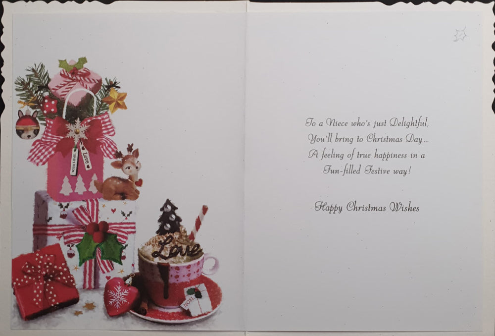 Niece Christmas Card - Hot Chocolate & Decorated Gift Boxes