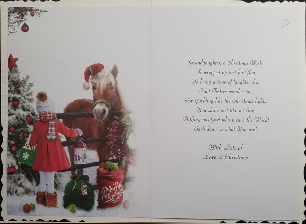 Granddaughter Christmas Card - Decorations & Girl Bringing Gifts to Horse