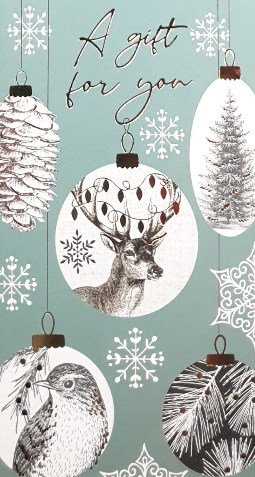 Money Wallet Christmas Card - A Gift For You / Deer & Bird & Trees in White Baubles