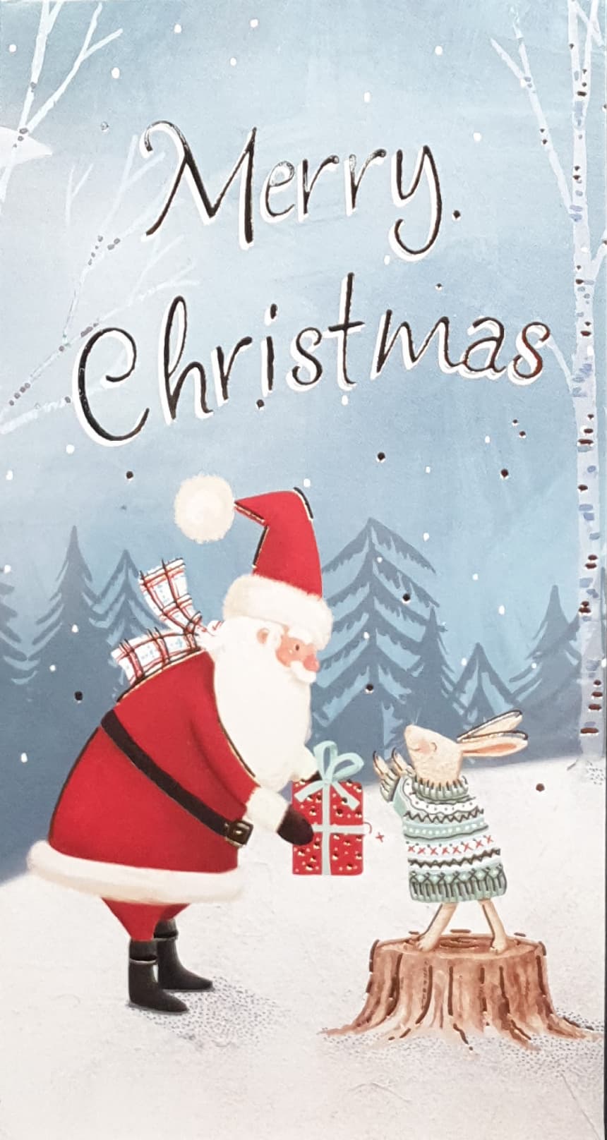 Money Wallet Christmas Card - Merry Christmas / Santa Handing Bunny a Gift