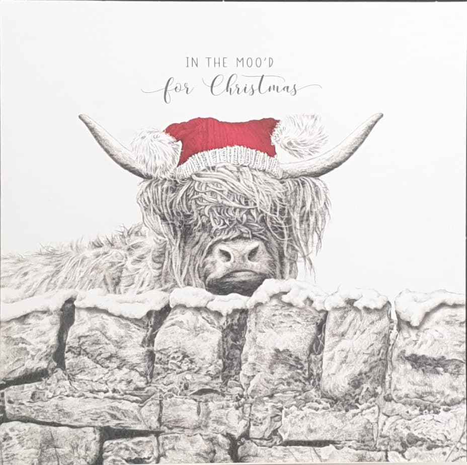 General Christmas Card - Bull With Christmas Hat & Greyscale