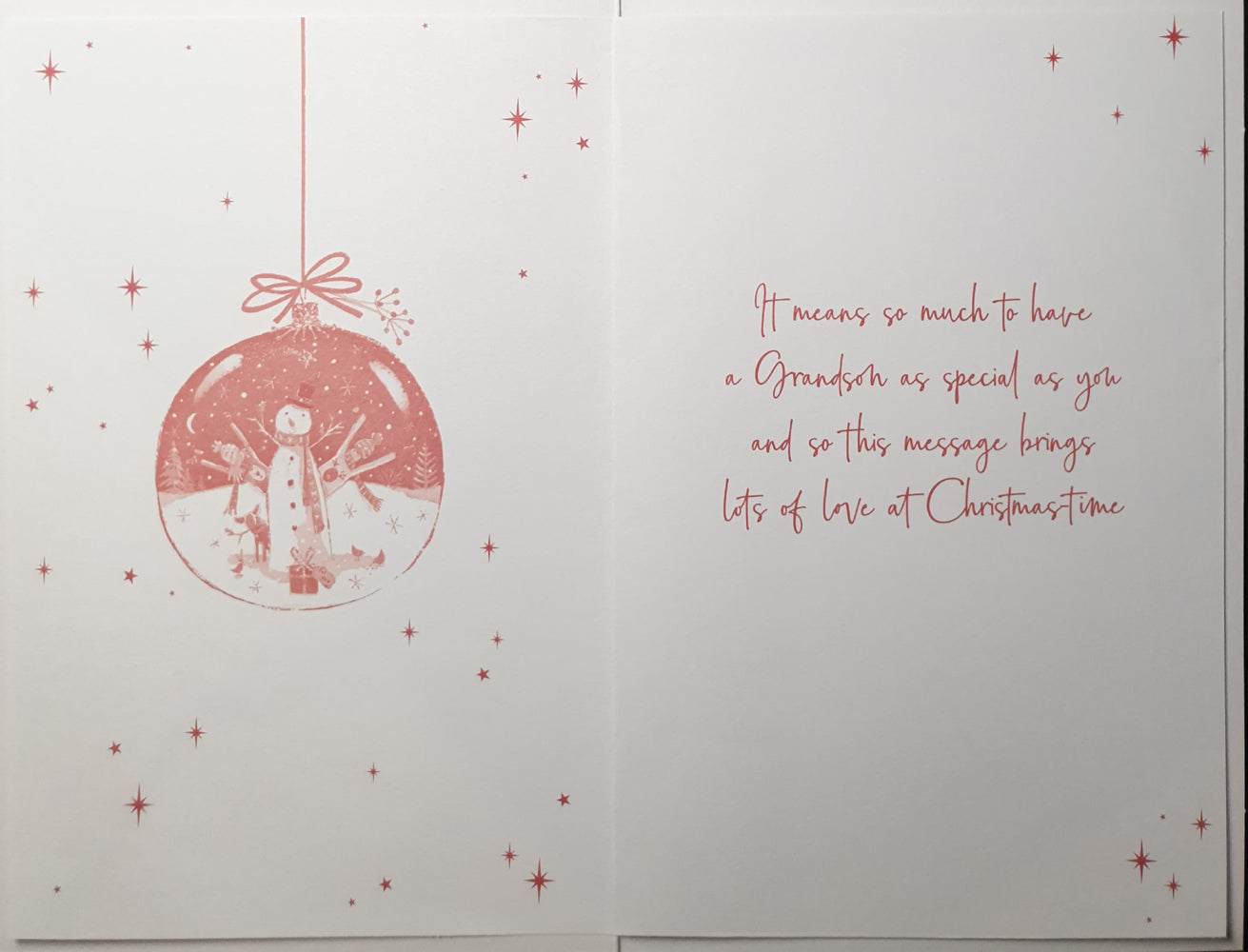 Special Grandson Christmas Card - Snowman In A Bauble