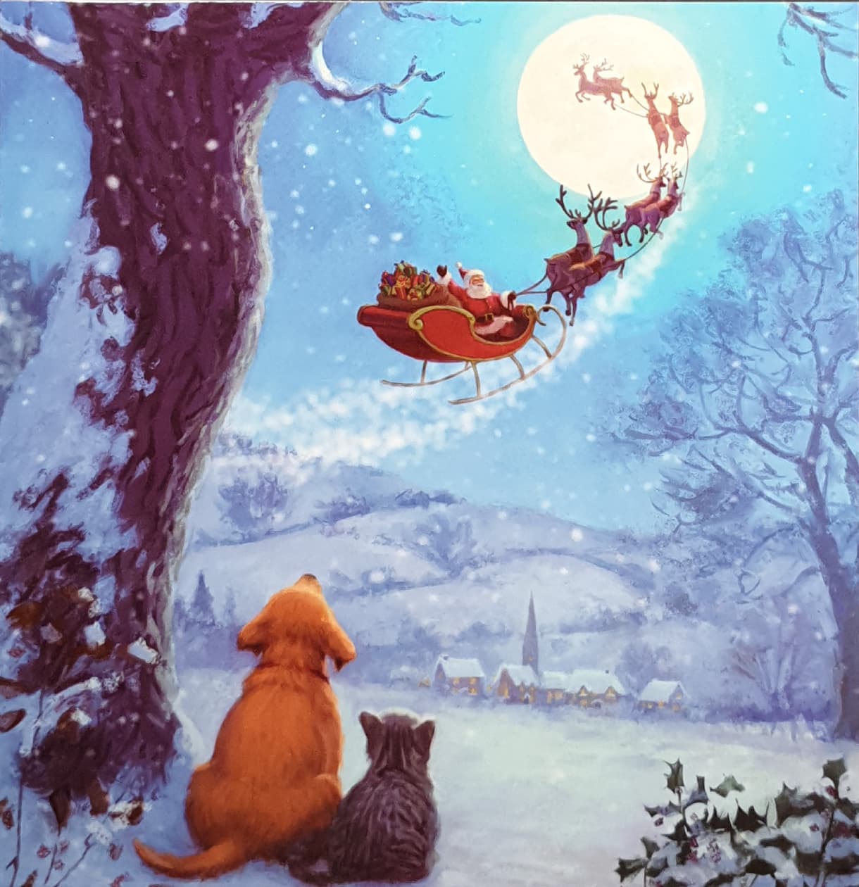 Charity Christmas Card (In Irish & English) - Pack of 8 Large Size / Cystic Fibrosis Ireland - Dogs Watching Santa Sleigh