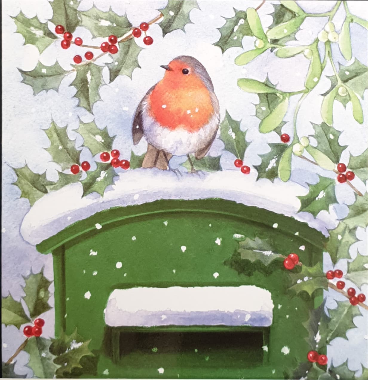 Charity Christmas Card (In Irish & English) - Pack of 8 Large Size / Cystic Fibrosis Ireland - Robin on Post Box