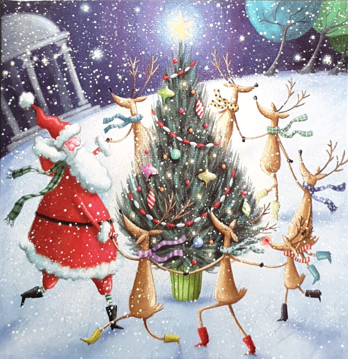 Charity Christmas Card (In Irish & English) - Pack of 8 Large Size / Cystic Fibrosis Ireland - Santa & Reindeer Dancing