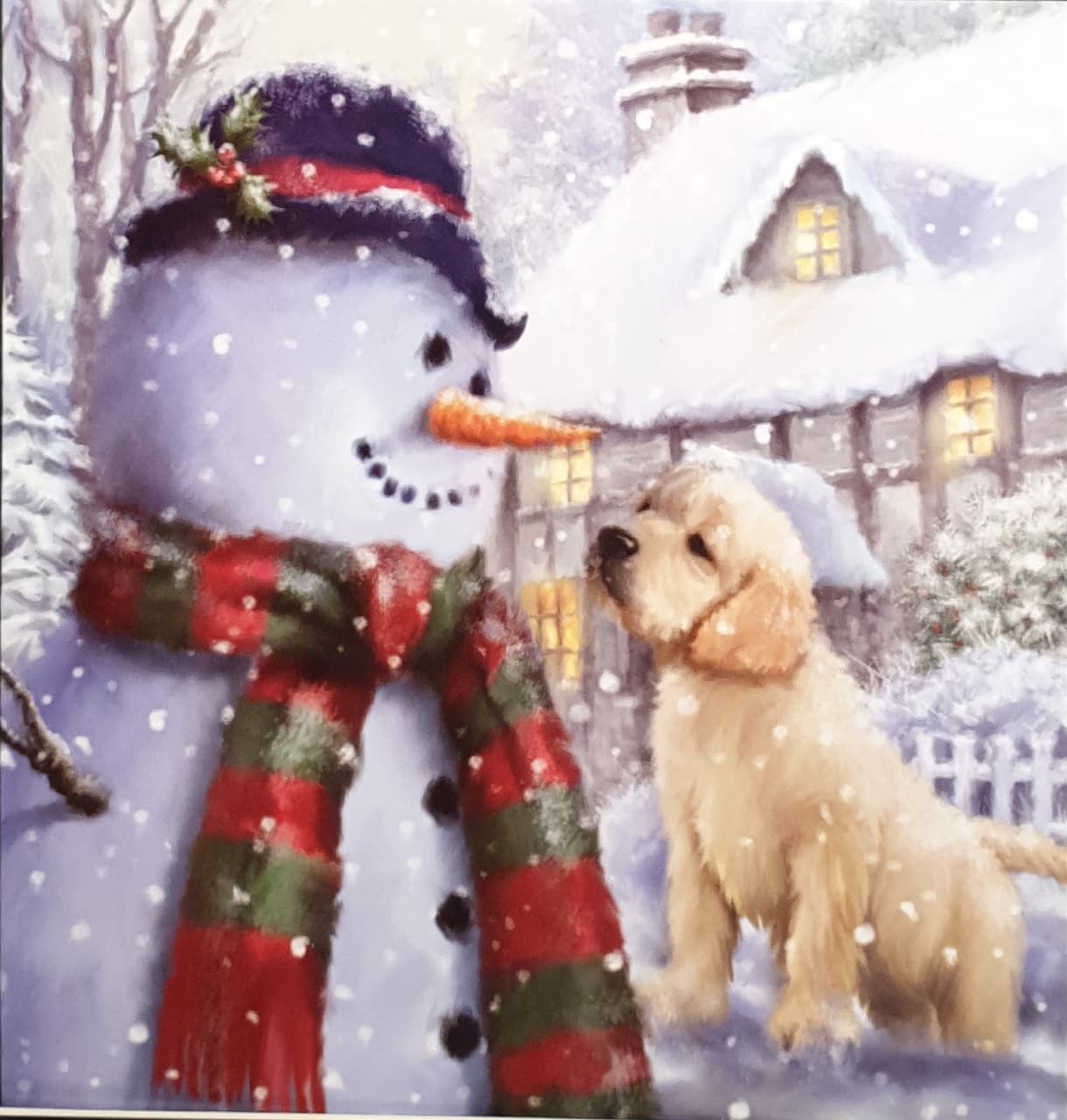 Charity Christmas Card (In Irish & English) - Pack of 8 Large Size / Cystic Fibrosis Ireland - Snowman & Puppy