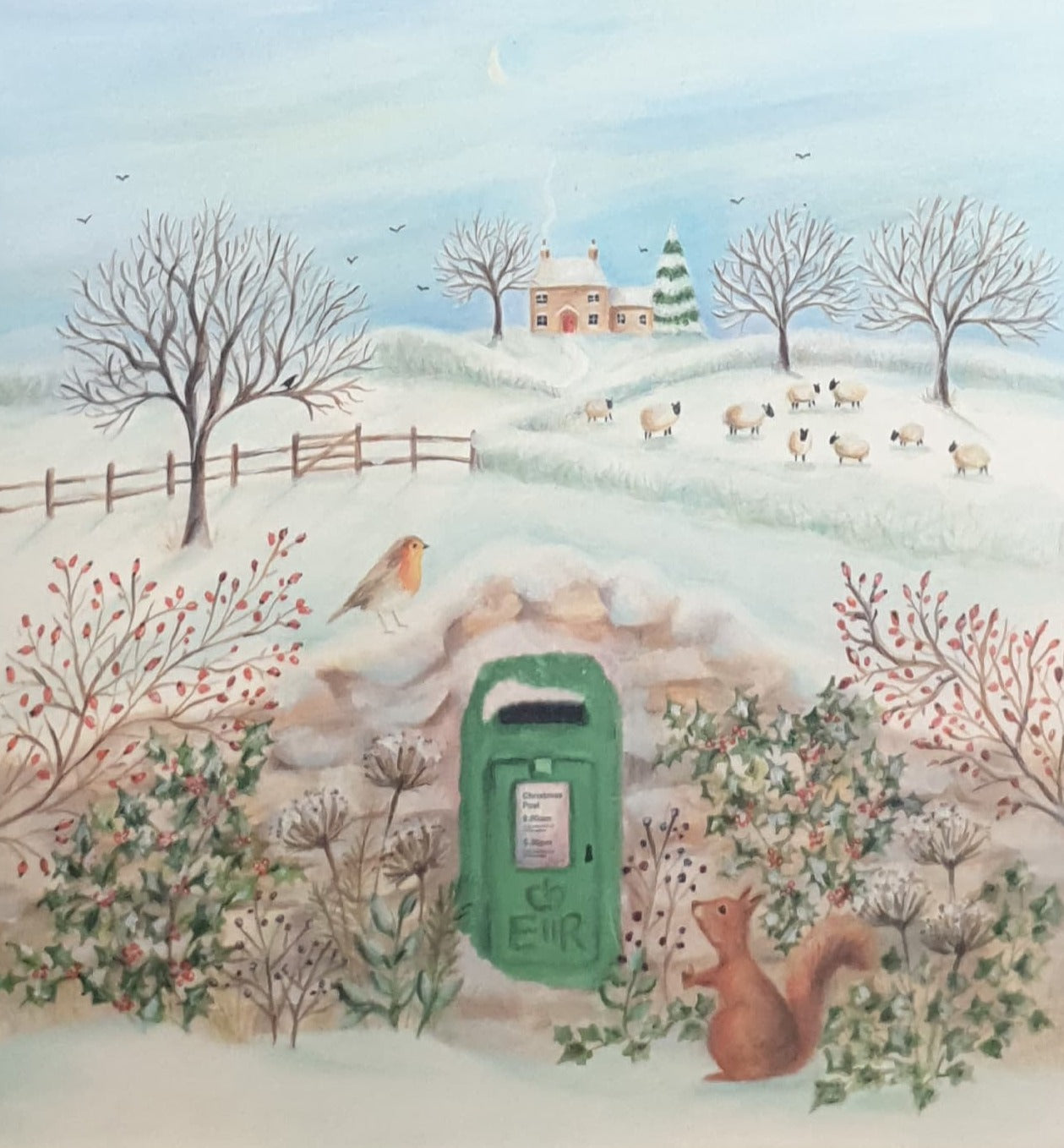 Charity Christmas Cards - Pack of 8 / Down Syndrome Ireland - Post Box & Snowy Field