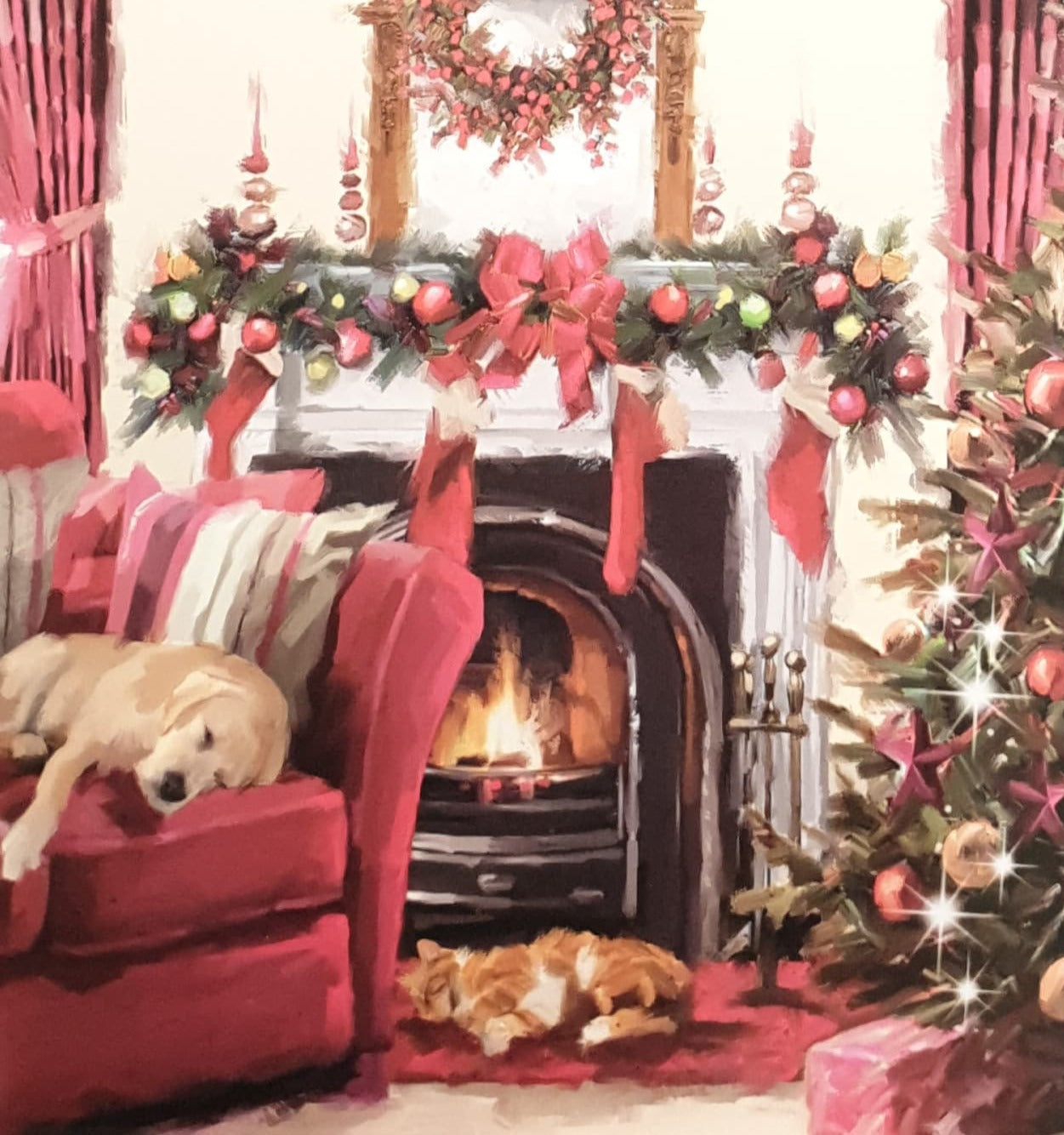 Charity Christmas Cards - Pack of 8 / Down Syndrome Ireland - Dog & Cat Sleeping at Fireplace