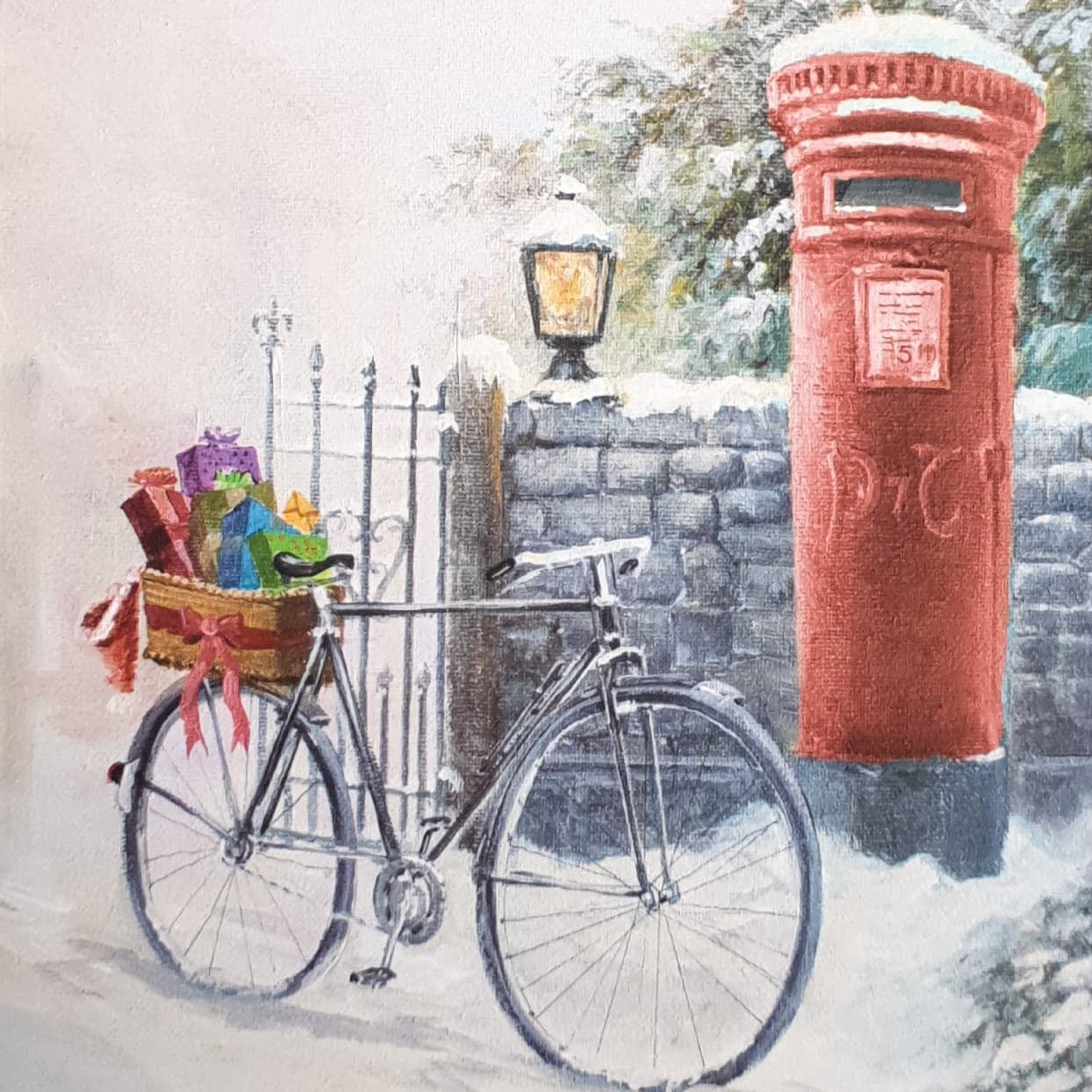 Charity Christmas Card - Pack of 8 Large Size / Northern Ireland Hospice - Bicycle beside Red Post Box