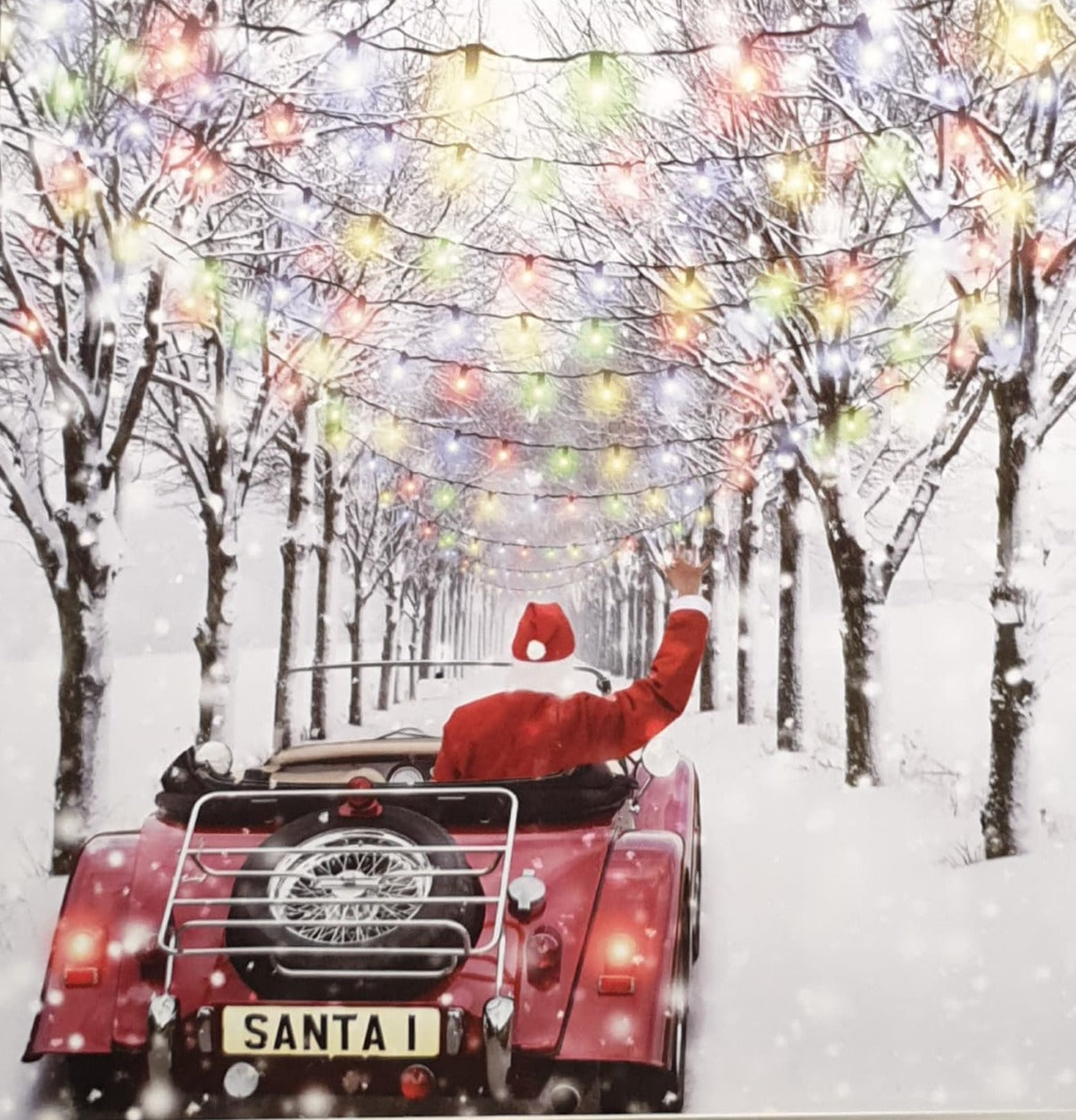 Charity Christmas Card - Pack of 8 Large Size / Northern Ireland Hospice - Santa Driving Through Trees