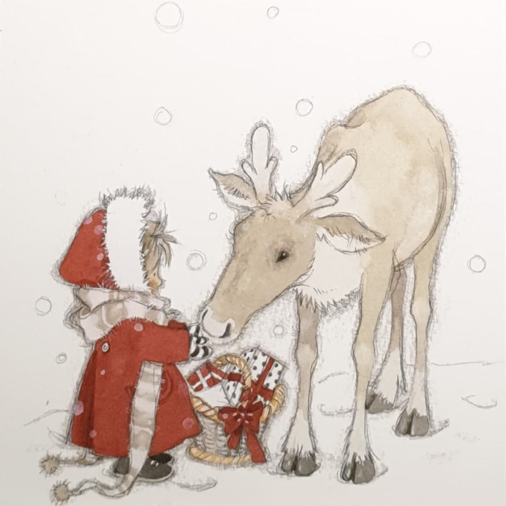 Charity Christmas Card - Pack of 8 Small / Northern Ireland Hospice - Child with Deer & Gifts