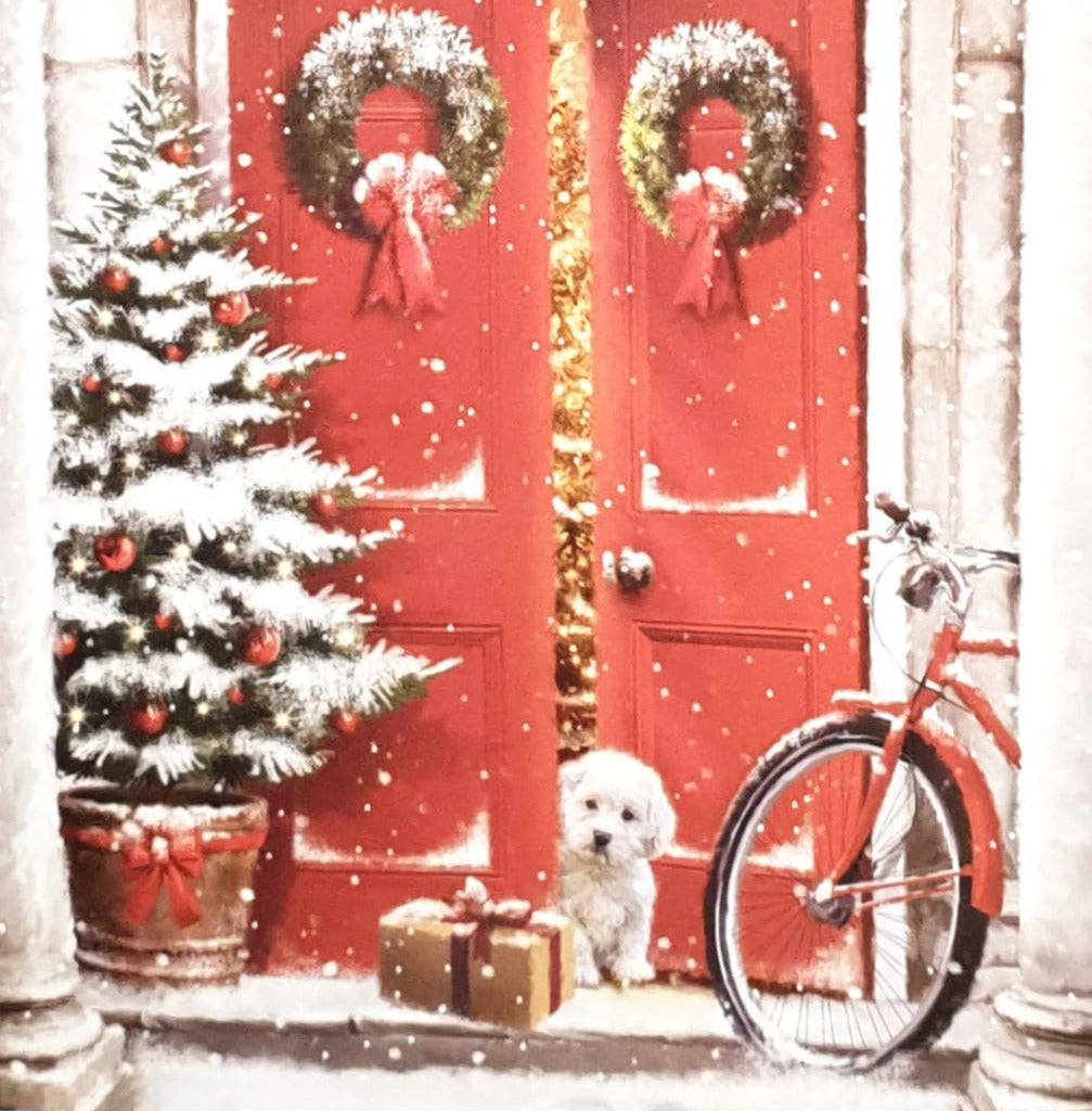 Charity Christmas Card - Pack of 8 Small / Northern Ireland Hospice - Puppy & Gift at Front Door