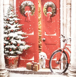 Charity Christmas Card - Pack of 8 Small / Northern Ireland Hospice - Puppy & Gift at Front Door