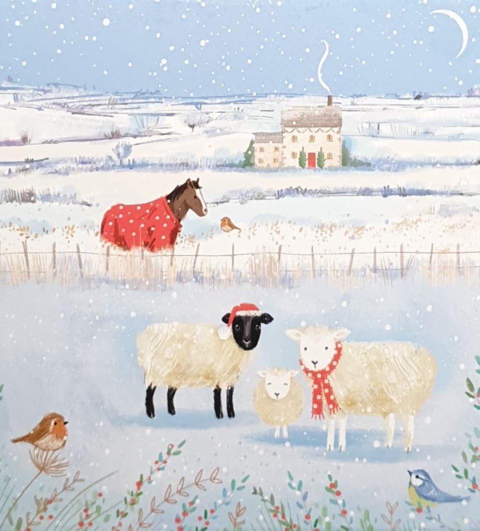 Charity Christmas Card - Pack of 8 Small / Northern Ireland Hospice - Horse & Sheep with Hats & Scarf