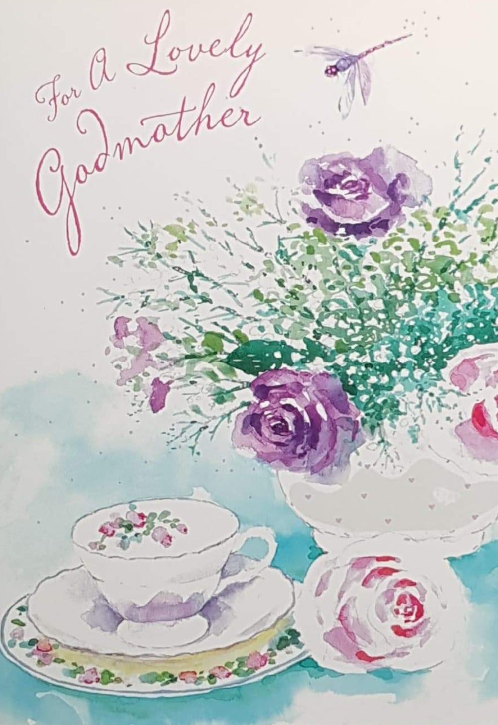 Birthday Card - Godmother / Cup Of Tea & Purple Dragonfly