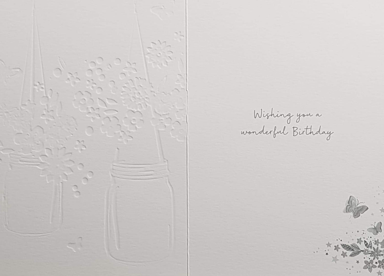 Birthday Card - Godmother / Two Jars Full Of Flowers Hanged On Gold Ribbons