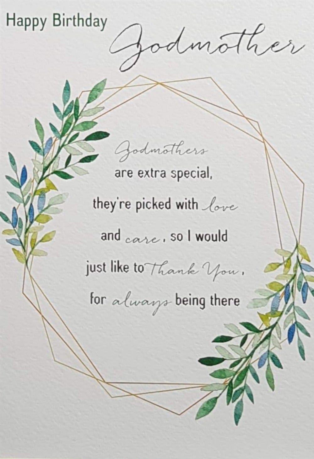 Birthday Card - Godmother / Green Leaves Wreath