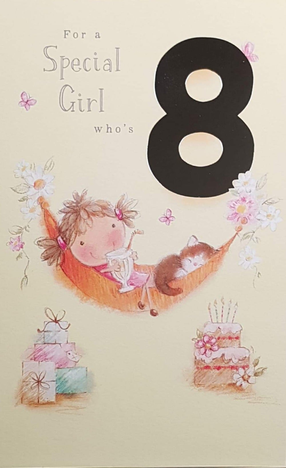 Age 8 Birthday Card - Smiling Girl Relaxing On Hammock With Her Cat