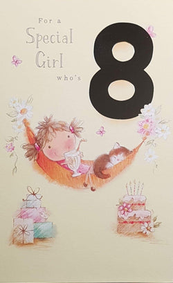 Age 8 Birthday Card - Smiling Girl Relaxing On Hammock With Her Cat
