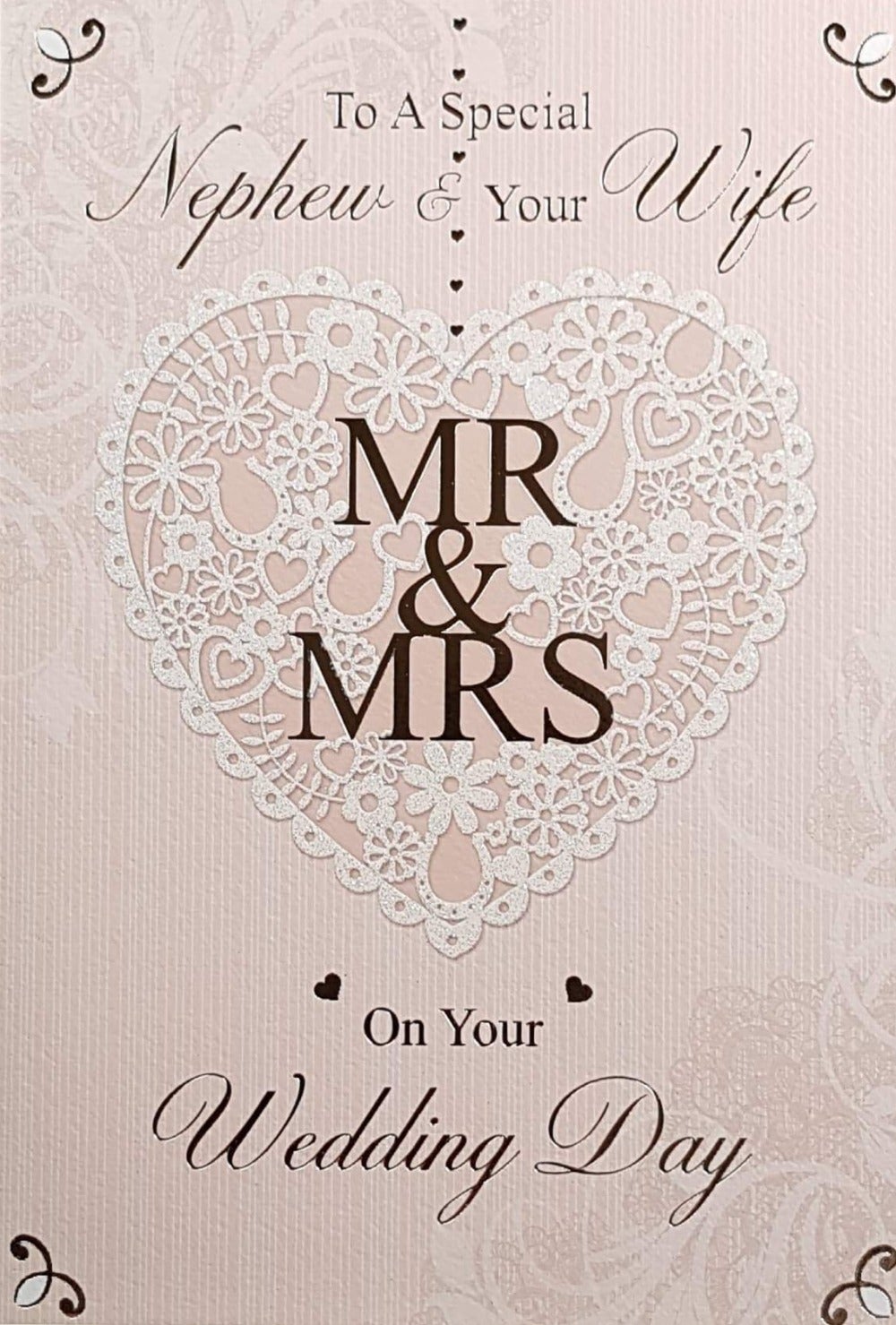 Wedding Card - Nephew / White Heart & Gold Mr & Mrs