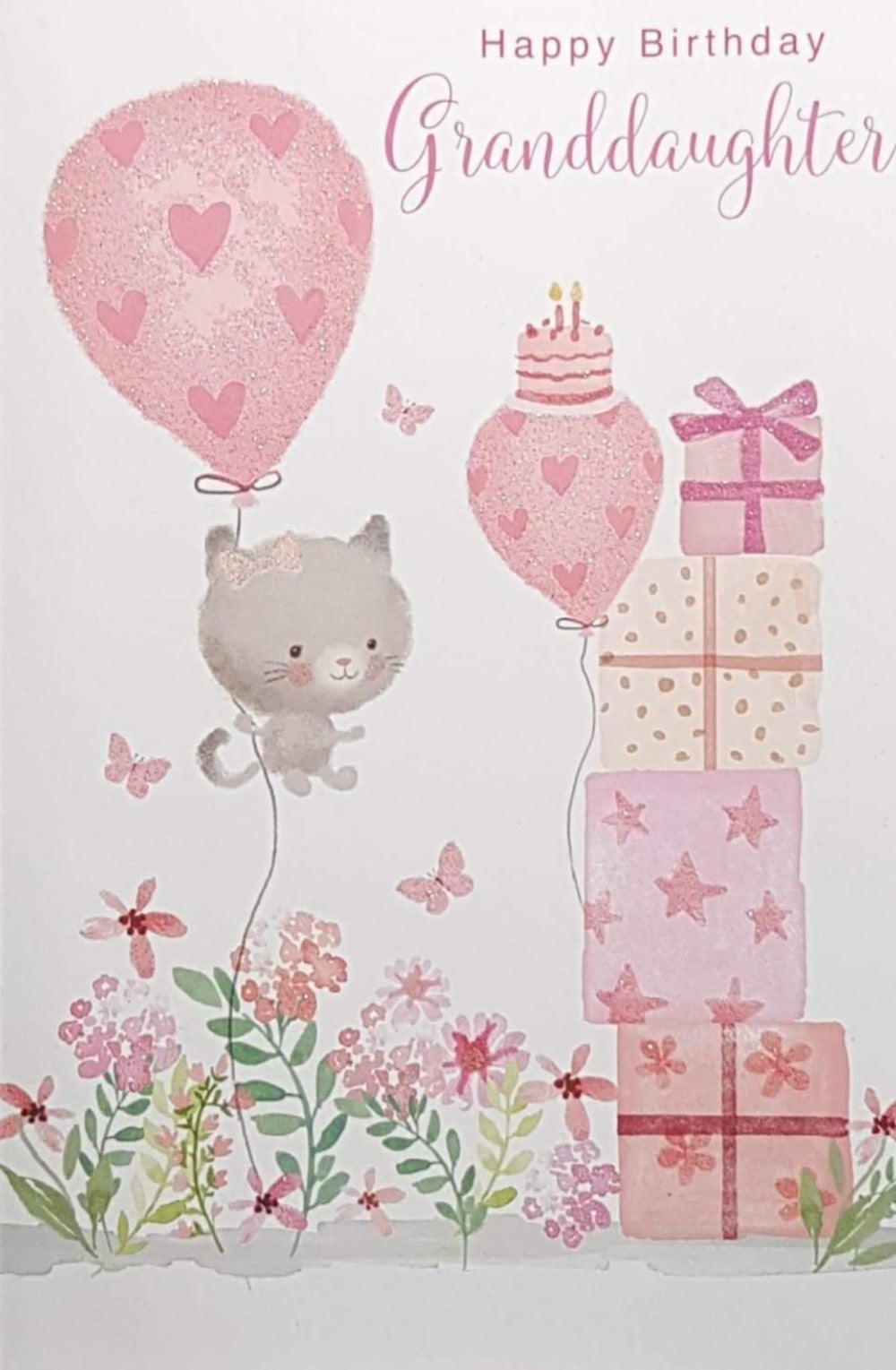 Birthday Card - Grandaughter / Happy Kitten Holding Pink Balloon Looking At The Gifts Tower